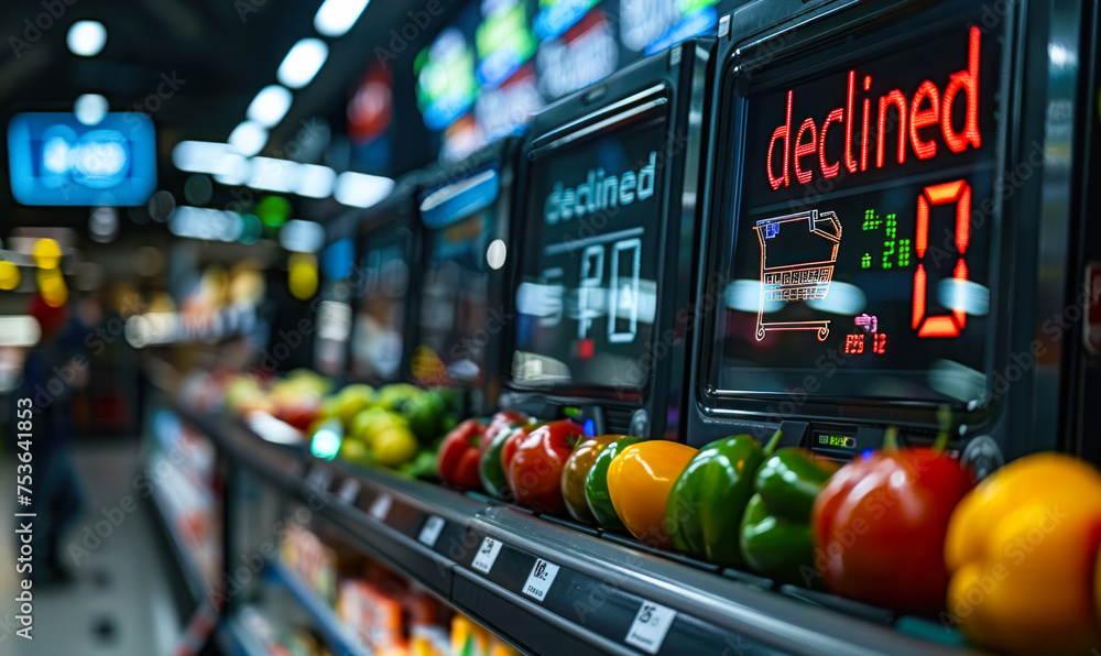 Poster close-up view of a payment terminal screen displaying declined message in a grocery store, symbolizi