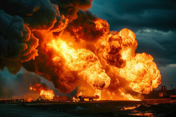 As result of military strikes, an oil refinery was severely damaged, resulting in large fire v