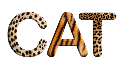 Word of CAT made from tiger, leopard, cheetah fur or skin isolated on transparent background, suitable for template animal concept, PNG
