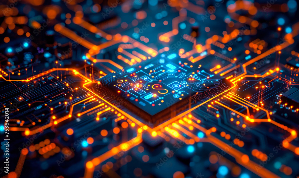 Poster futuristic glowing circuit board with advanced technology and data processing icons, representing hi