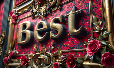 Lavishly ornate golden Best inscription on a rich red textured background with elaborate floral patterns, signifying top quality and luxury - obrazy, fototapety, plakaty