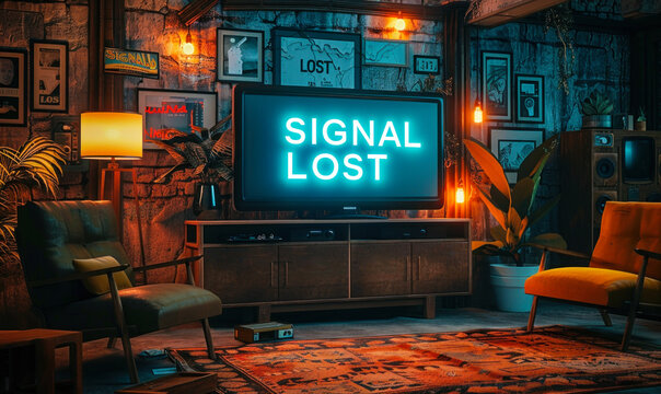 A cozy modern living room with a large TV screen displaying a SIGNAL LOST message, depicting technology failure and interruption in home entertainment