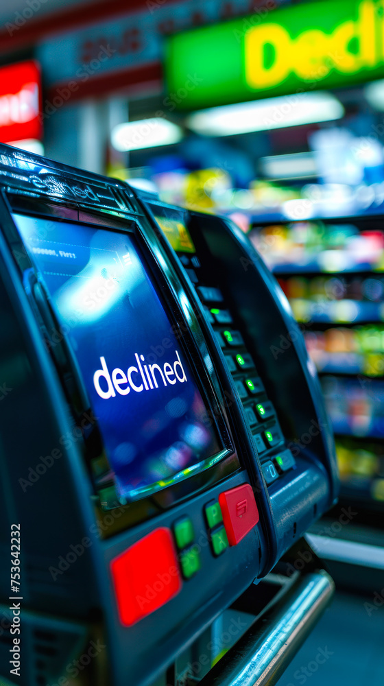 Poster close-up view of a payment terminal screen displaying declined message in a grocery store, symbolizi