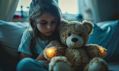 Solitary young girl seeking comfort in a teddy bear, a poignant moment of loneliness and introspection in a dimly lit, cozy room setting - obrazy, fototapety, plakaty