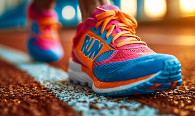 Close-up of a runner's feet in vibrant sneakers with word RUN on a track starting line, embodying the concept of competition, speed, and the spirit of athletics