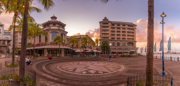 View of Place du Caudan in Caudan Waterfront in Port Louis at sunset, Port Louis, Mauritius