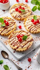 Overhead view of strawberry mini tart on white cutting board with vintage teaspoons