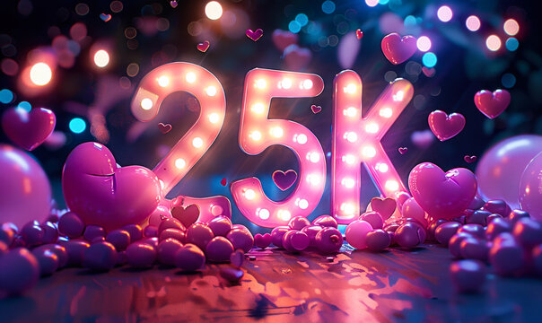 Celebratory 25k sign glowing with festive lights and floating hearts, symbolizing a milestone of 25,000 followers or likes in social media