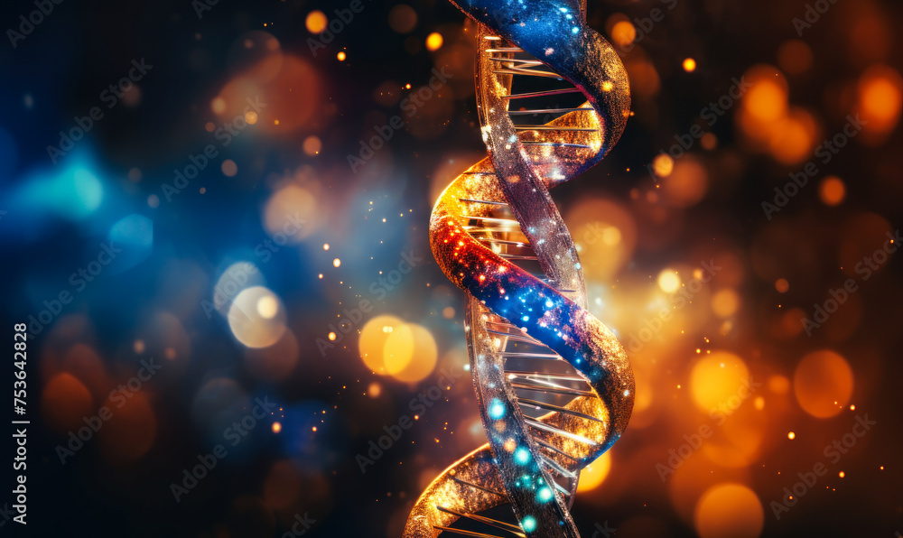 Poster artistic representation of a dna double helix structure shimmering with light, symbolizing genetic r