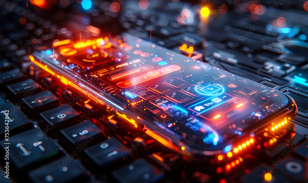 Poster futuristic smartphone on a keyboard with glowing digital checklist, confirming task completion, high