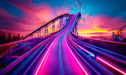 Dynamic roller coaster tracks glowing with neon lights under a vibrant sunset sky, symbolizing excitement, speed, and thrilling amusement park adventures - obrazy, fototapety, plakaty