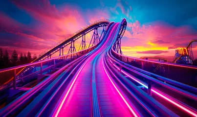Foto auf Acrylglas Dynamic roller coaster tracks glowing with neon lights under a vibrant sunset sky, symbolizing excitement, speed, and thrilling amusement park adventures © Bartek