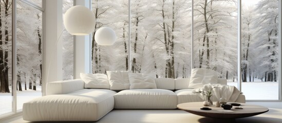 Modern white interior with large windows and sectional sofa