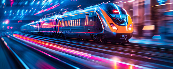 Futuristic high-speed bullet train blurring through a vibrant city with radiant light streaks, depicting fast travel and advanced urban transportation