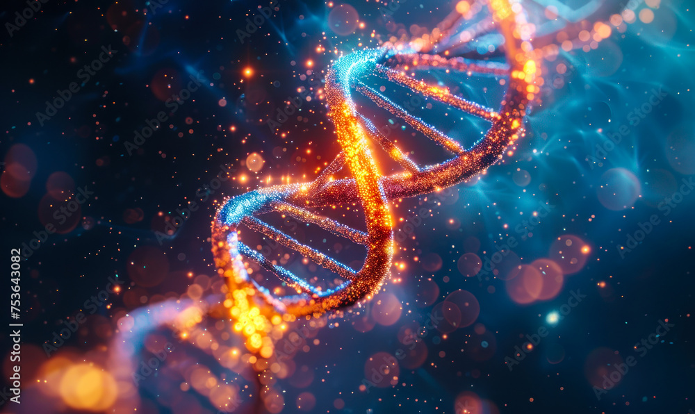 Poster artistic representation of a dna double helix structure shimmering with light, symbolizing genetic r