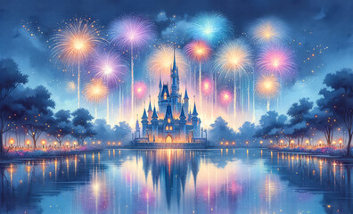 Fototapeta premium Watercolor of fireworks over a castle