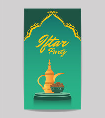 Ramadan iftar party islamic social media story vector editable template design with arabic teapot, a bowl full of dates fruit, on the podium