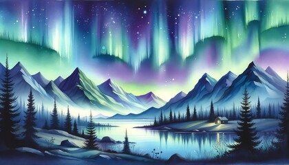 Watercolor of the Northern Lights over the mountains