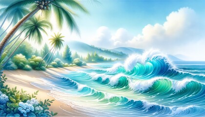 Fototapeta na wymiar Watercolor of tropical waves