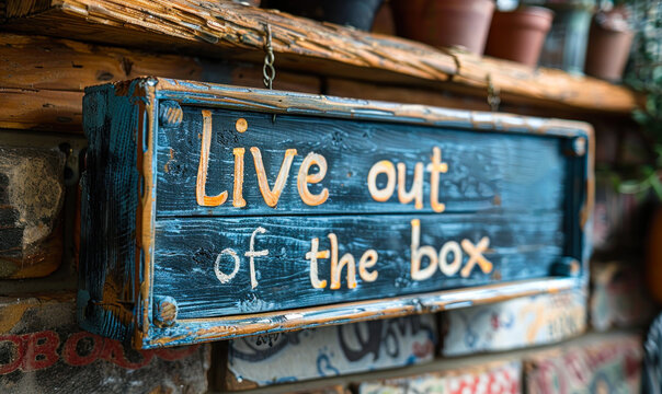 Chalkboard sign with live out of the box encourages creativity and unconventional thinking, set against a rustic wooden backdrop