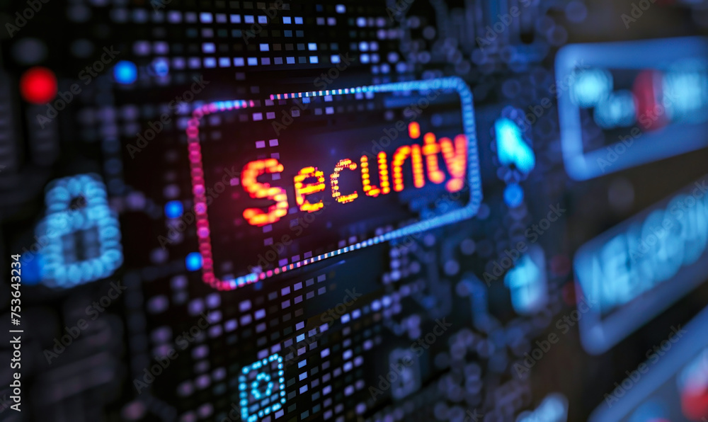 Poster close-up of a computer screen displaying a pixelated security icon and cursor, emphasizing the impor