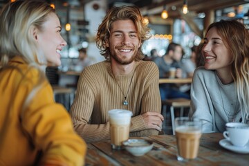 Close-knit group of young adults engaged in conversation and laughter at a coffeehouse