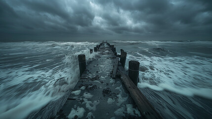 Dark clouds over turbulent sea with a broken wooden pier. - obrazy, fototapety, plakaty