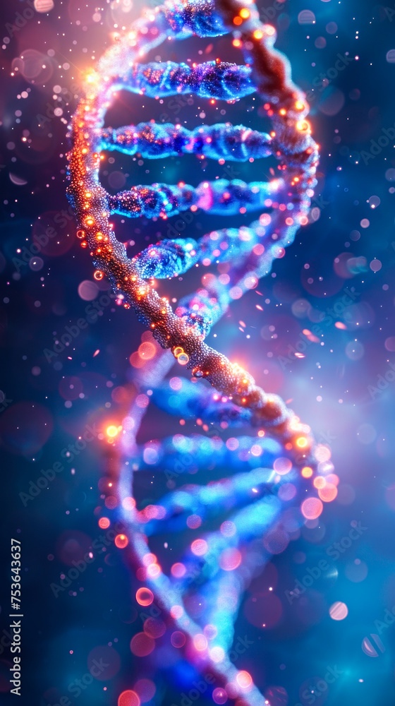 Poster artistic representation of a dna double helix structure shimmering with light, symbolizing genetic r