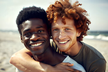 Pareja de novios interracial en una playa. Pareja de hombres gay sobre fondo de playa. Día del orgullo gay. Colectivo LGTBI.