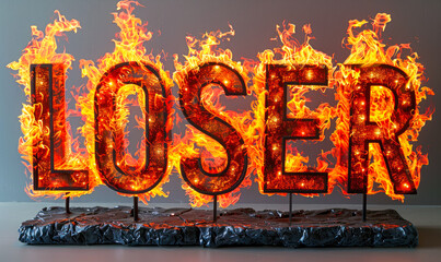 Bold text LOSER in fiery 3D letters on a clean white background, symbolizing defeat, failure, or low self-esteem in a stark, impactful visual metaphor - obrazy, fototapety, plakaty