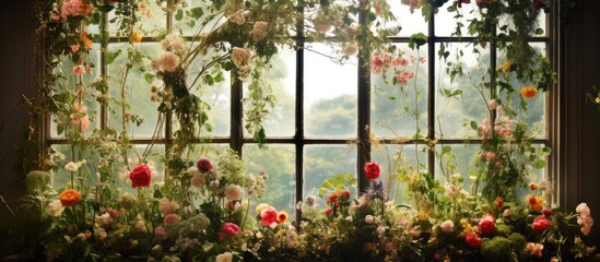 Fototapeta na wymiar Window decorated with various flowers and greenery
