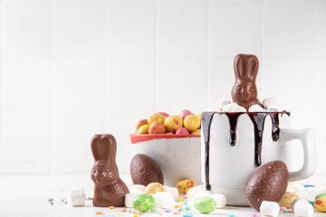 Easter cute hot chocolate mug with chocolate eggs and rabbit