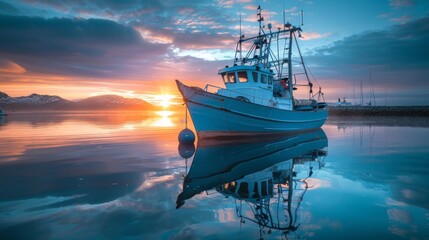 Fishing trawler on the water and dramatic clouds at sunrise - obrazy, fototapety, plakaty