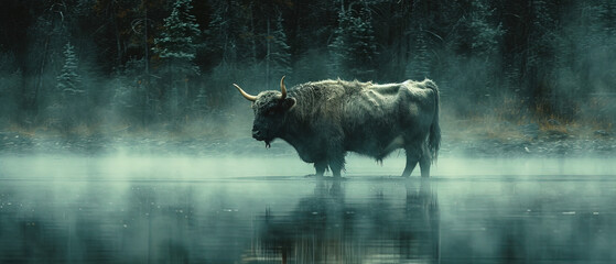 a large bull standing in the water with fog