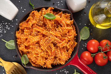 Mafaldine pasta with bolognese tomato sauce