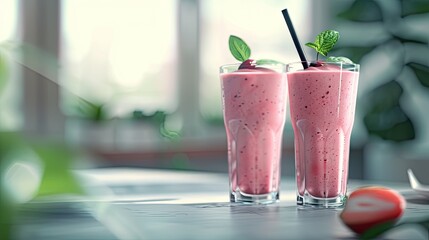 There are glasses with raspberry or strawberry smoothies on the table. The raspberry smoothie looks attractive and delicious, with strawberry and raspberry pieces.