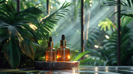 Tropical Elegance: Modern Cosmetics Set Amidst Monstera and Greenery
