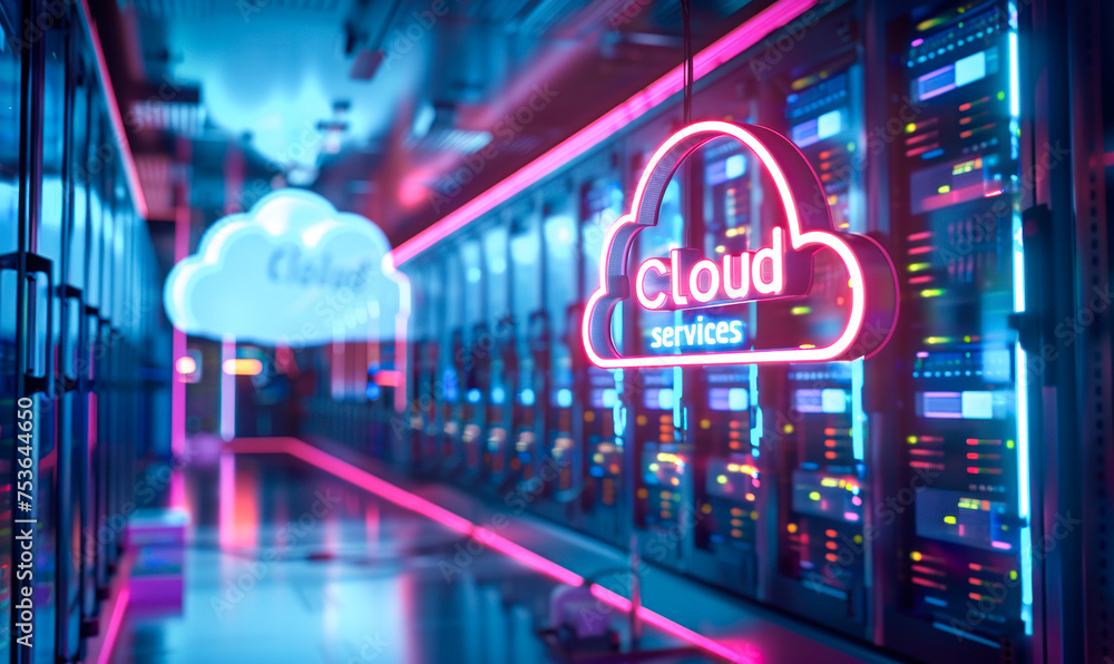 Poster neon cloud services sign floating over a server room filled with data racks, symbolizing modern clou