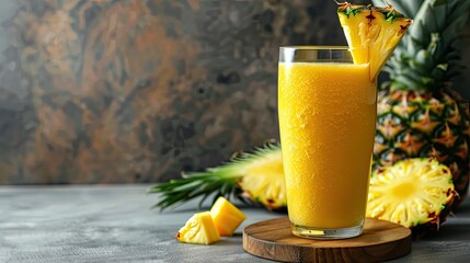 Glasses with pineapple smoothie, straws and coconut are placed on the table. Pineapple smoothie looks attractive and delicious, with visible pineapple pieces and a creamy consistency.