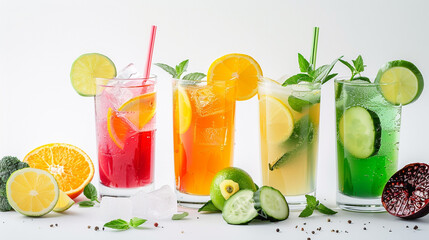Sip on the freshness of a garden with an enticing 8K HD photograph featuring colorful glasses of juice and plant drinks against a pristine white backdrop