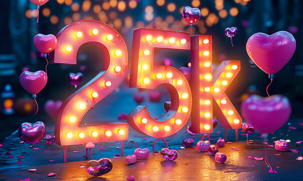 Celebratory 25k sign glowing with festive lights and floating hearts, symbolizing a milestone of 25,000 followers or likes in social media