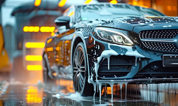 Premium black sedan car undergoing a deep clean with high-foam soap at a car wash station, showcasing a meticulous auto detailing process