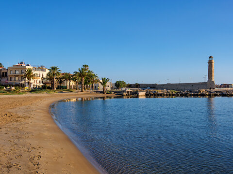 View over Rethymnon Beach towards the Old Lighthouse, City of Rethymno, Rethymno Region, Crete