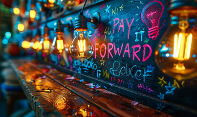 Chalkboard concept with lightbulbs and highlighted PAY IT FORWARD message, representing the idea of passing on a good deed and inspiration