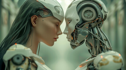 Illustration of human machine android artificial inteligence interaction and connection, cyborg human romance