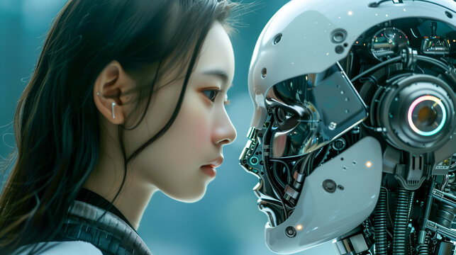 Illustration of human machine android artificial inteligence interaction and connection, cyborg human romance