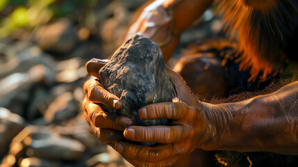 Caveman / neaderthal using a stone tool