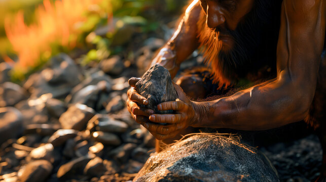 Caveman / neaderthal using a stone tool
