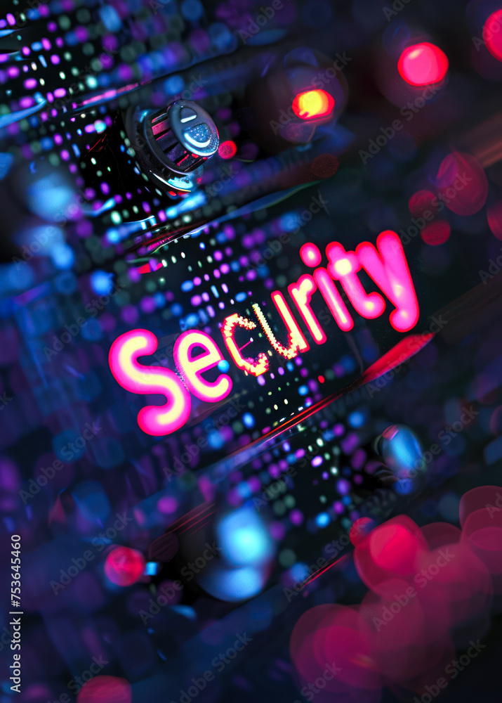 Poster close-up of a computer screen displaying a pixelated security icon and cursor, emphasizing the impor