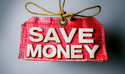 Red promotional tag with golden string stating SAVE MONEY in bold white letters, symbolizing financial savings and budgeting concepts, against a neutral background - obrazy, fototapety, plakaty